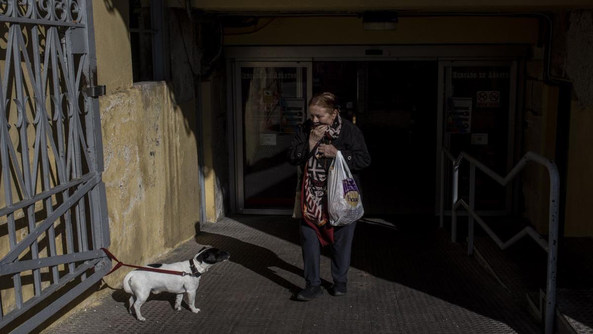 Un perro aguarda a las puertas del Mercado de Abastos durante el confinamiento.