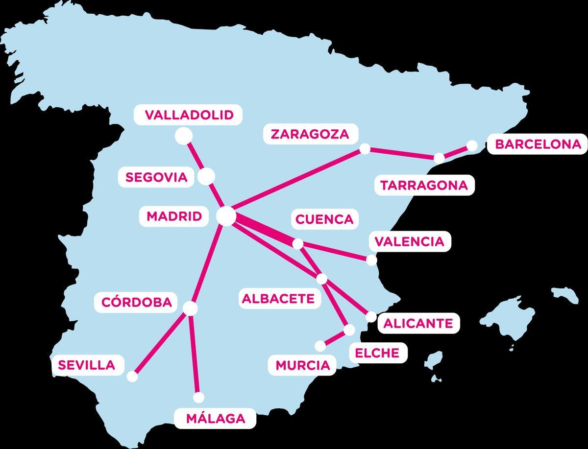 Mapa con las líneas de alta velocidad que opera Ouigo.