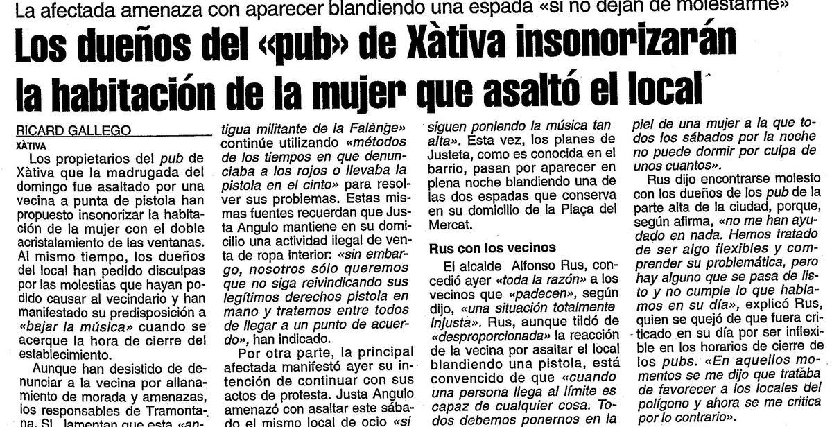Noticia publicada en 2020 sobre el incidente protagonizado por "Justeta" en el pub "Tramontana" de Xàtiva.