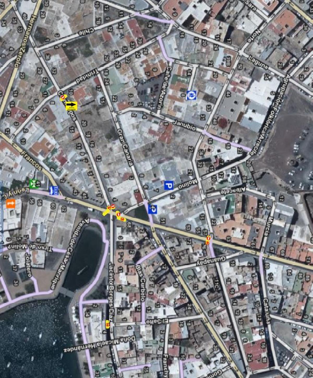 Mapa de los cambios en el tráfico en Arrecife en la zona de Cuatro Esquinas por las obras de canalización de las aguas pluviales