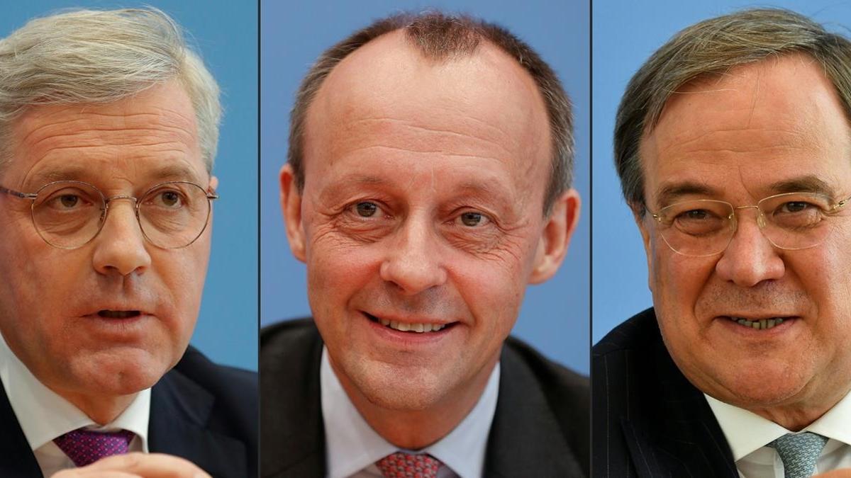 De izquierda a derecha, los candidatos para liderar el partido CDU alemán, Norbert Roettgen, Friedrich Merz y Armin Laschet.