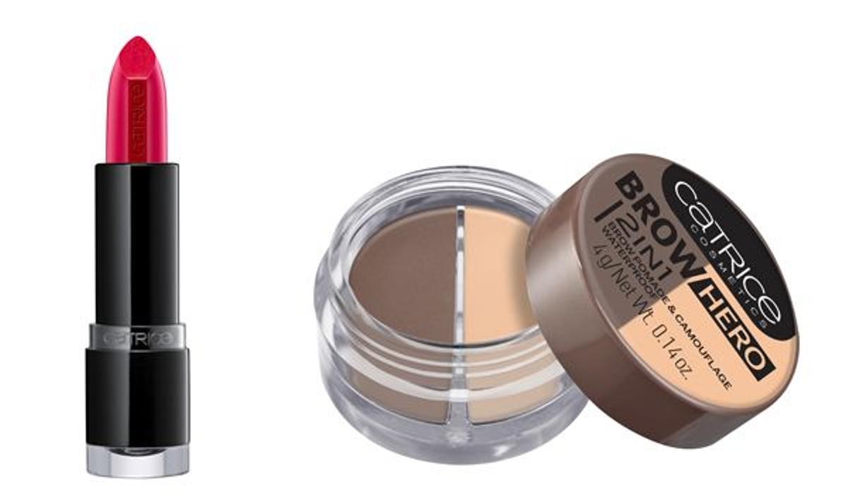 Barra de labios Ultimate Colour, Catrice (4,59 euros) / Pomada para rellenar cejas Brow Hero 2 en 1, Catrice