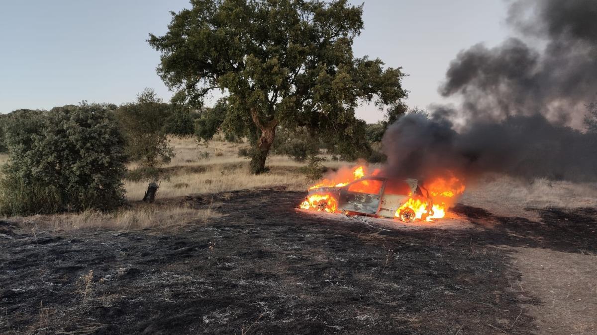 El vehículo ardiendo en el monte, en Morales de Rey.