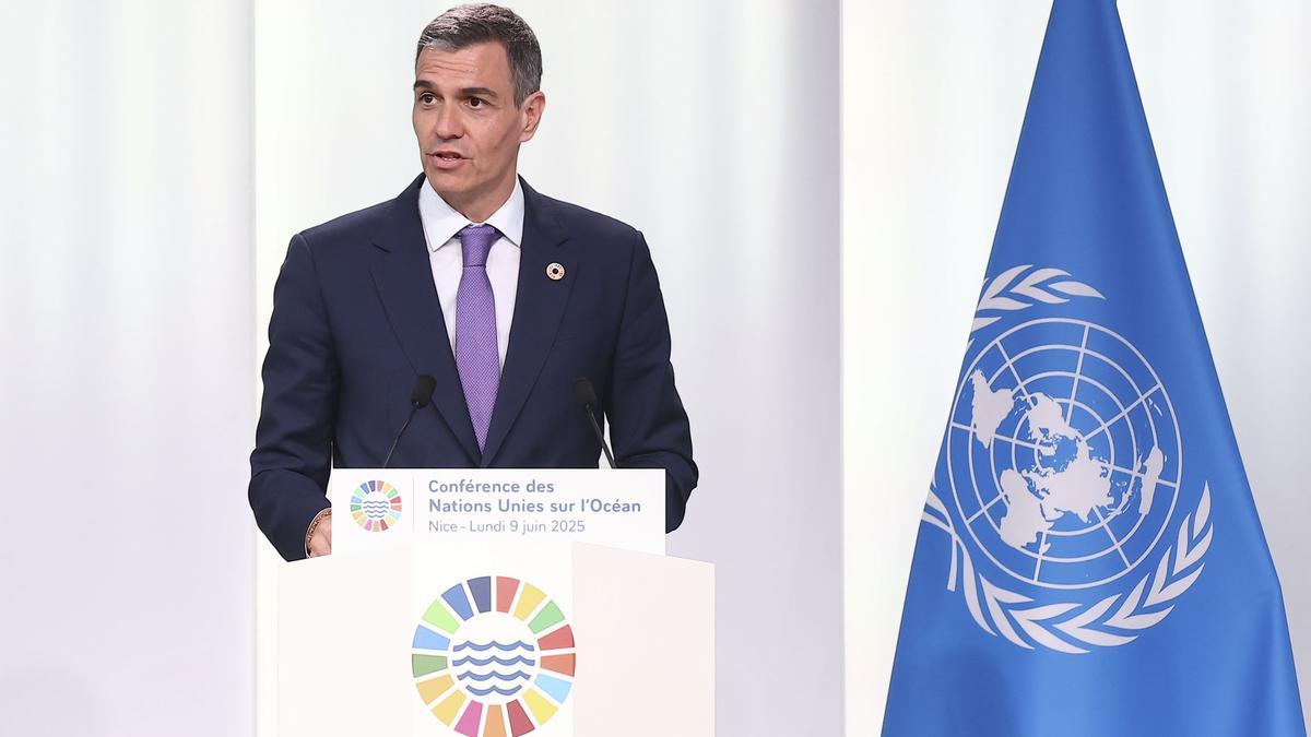 Pedro Sánchez, este lunes durante su intervención en la Cumbre de los Oceános de Niza.