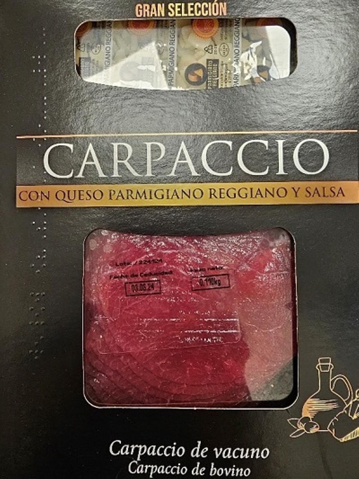 El producto 'Carpaccio de vacuno con queso parmigiano reggiano y salsa' de la marca Roler Gran Selección contaminado por 'Salmonella'