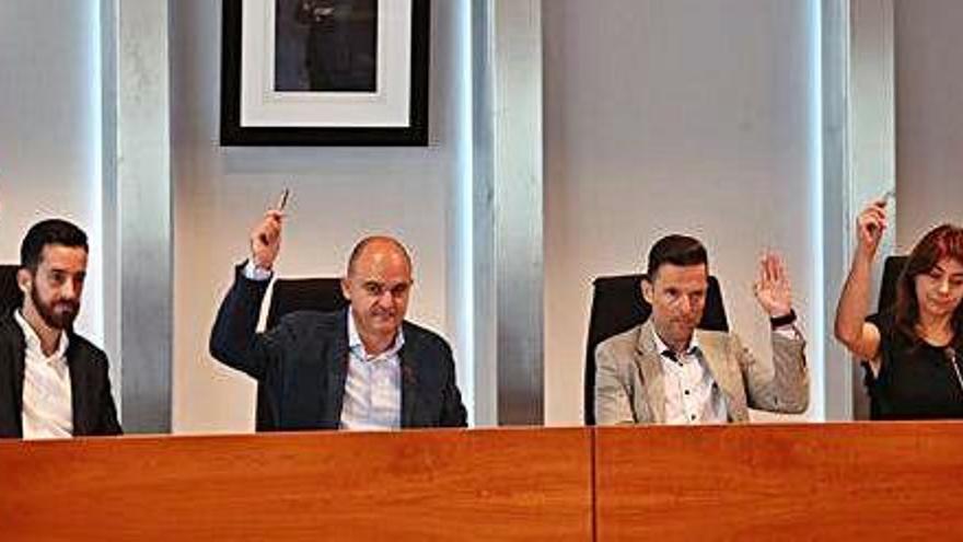 Javier Torres, Vicent Marí, Mariano Juan y Sara Ramón alzan la mano durante una votación en el pleno del Consell.