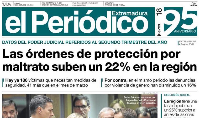 Esta es la portada de EL PERIÓDICO EXTREMADURA correspondiente al día 18 de octubre del 2018