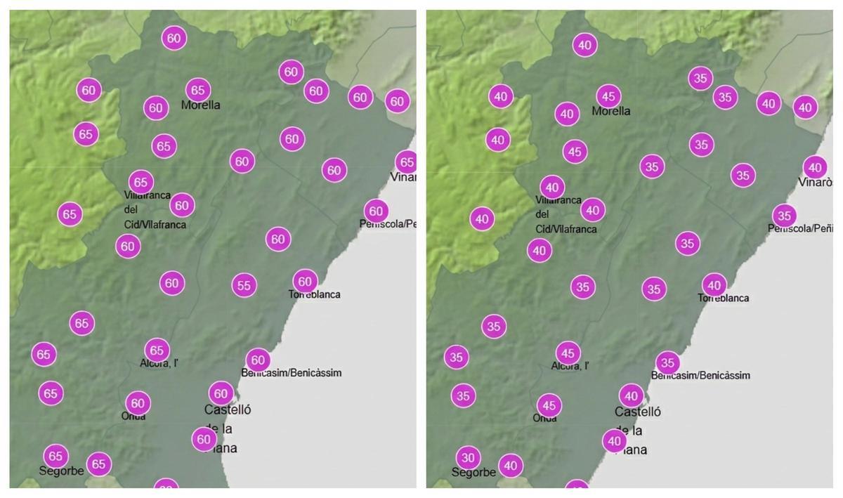 Previsión de lluvia hasta las 18.00 el sábado 7 de marzo (izquierda), y a partir de las 18.00 horas.