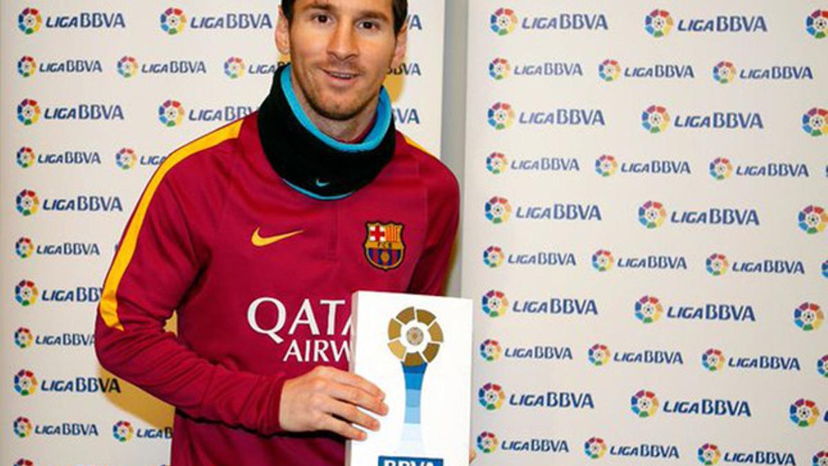 Leo Messi con el premio de mejor jugador de la Liga en Enero