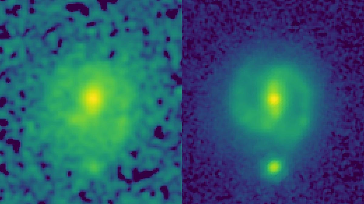 Dos imágenes de la galaxia EGS23205, vista como era hace unos 11 mil millones de años.