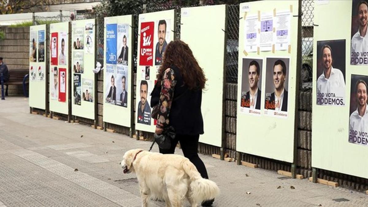 Una mujer pasea tranquilamente con su perro ante los carteles electorales