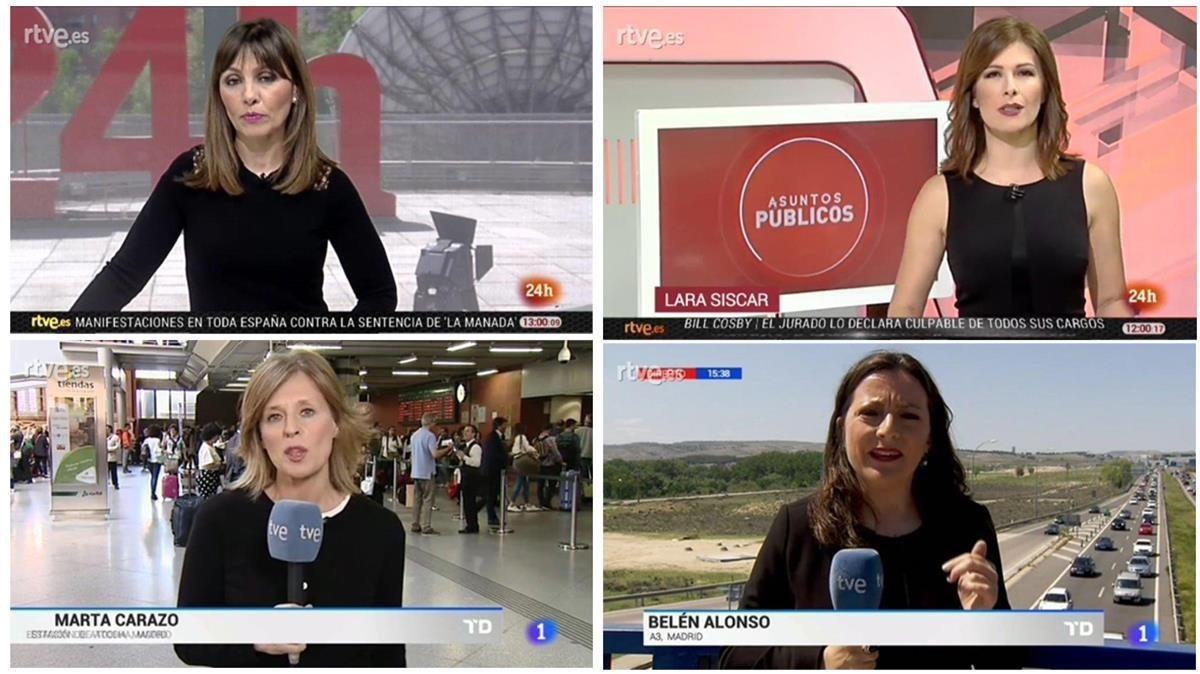 Presentadoras y reporteras de TVE vestidas de negro en protesta contra el control gubernamental de la televisión estatal.