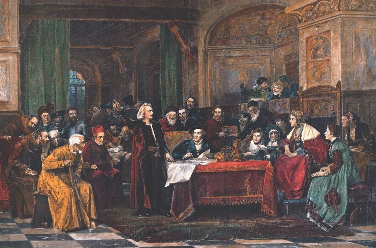El primer encuentro entre Cristobal Colon y los Reyes Catolicos