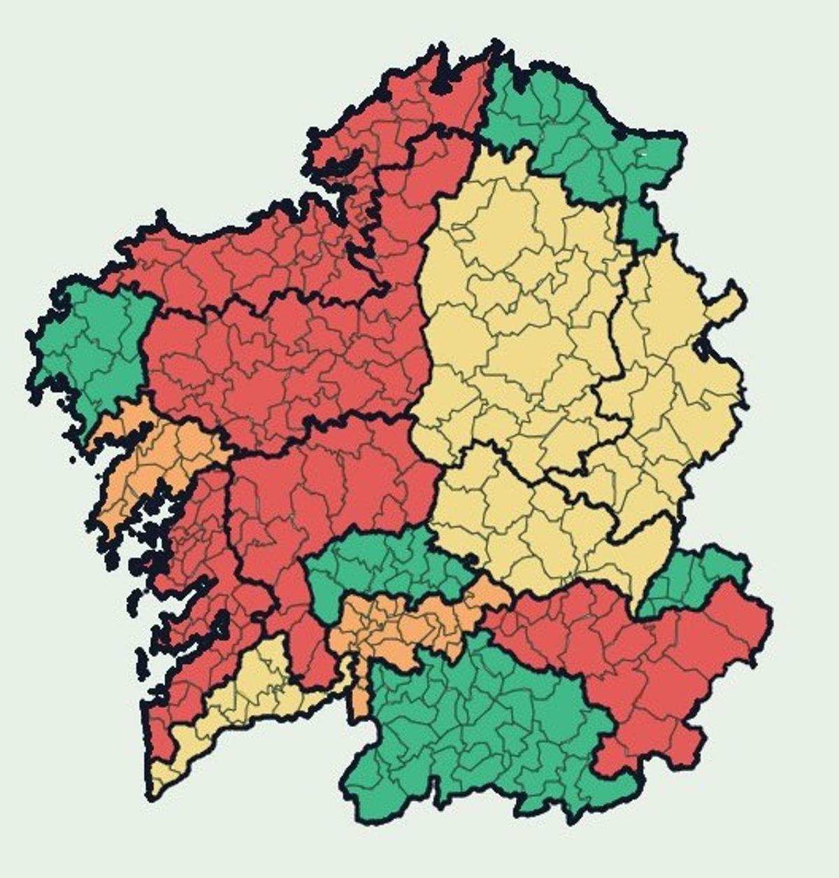 Mapa de los 138 concellos en alerta roja por calor.