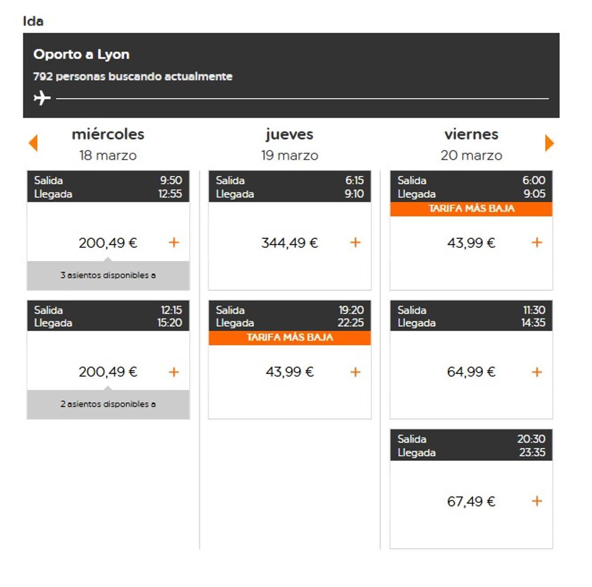 Captura de los precios en la web de Easyjet, con casi 800 personas consultando los precios
