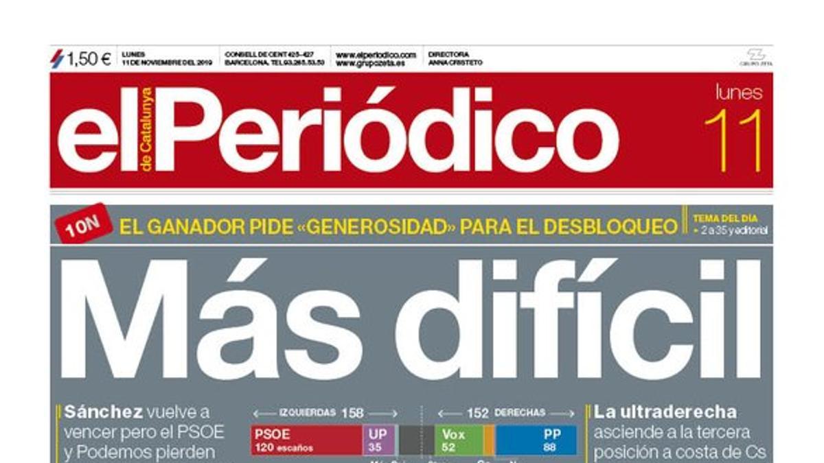 La portada de EL PERIÓDICO del 11 de noviembre del 2019