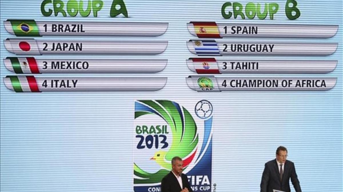 Directivos de la FIFA presentan el resultado del sorteo de los grupos de la Copa Confederaciones.