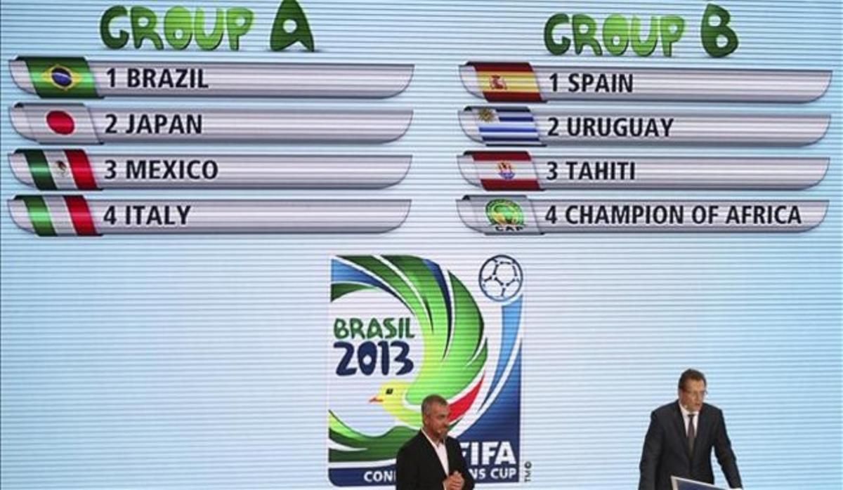 Directius de la FIFA presenten el resultat del sorteig dels grups de la Copa Confederacions.