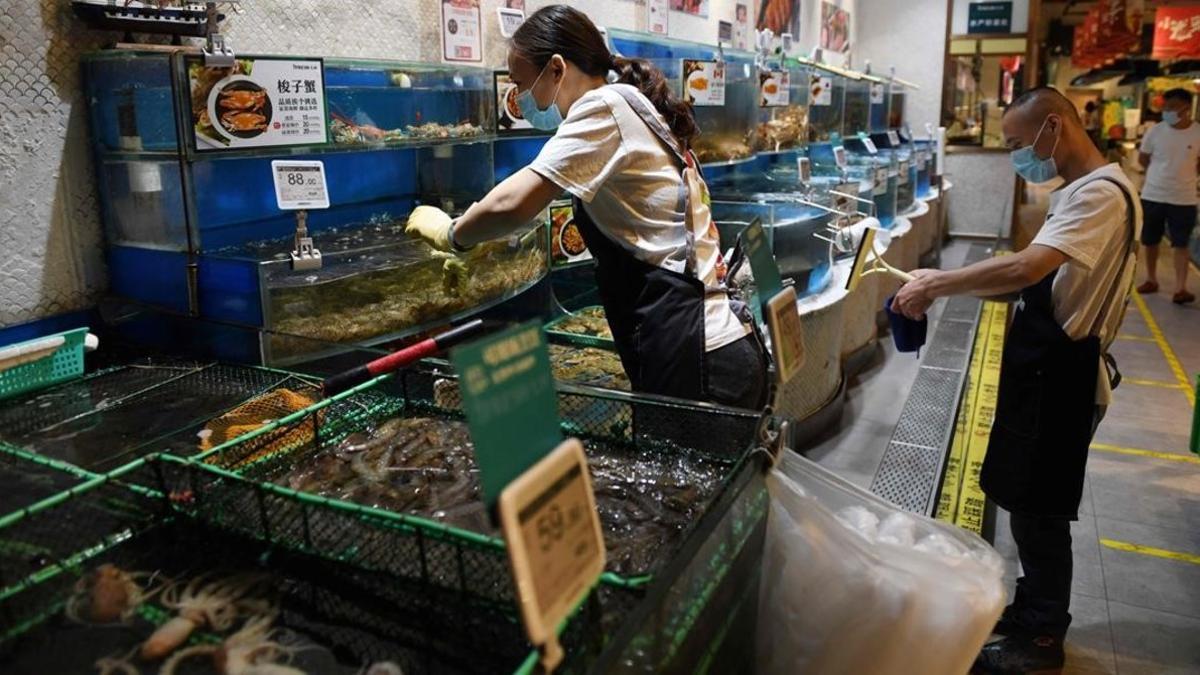 Sección de una pescatería de un supermercado de Pekín.