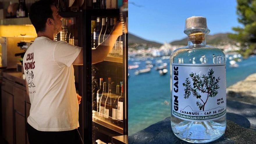 A l'esquerra Dionís Tibau, a Casa Dionís i a la dreta, imatge de la ginebra Gin Càdec