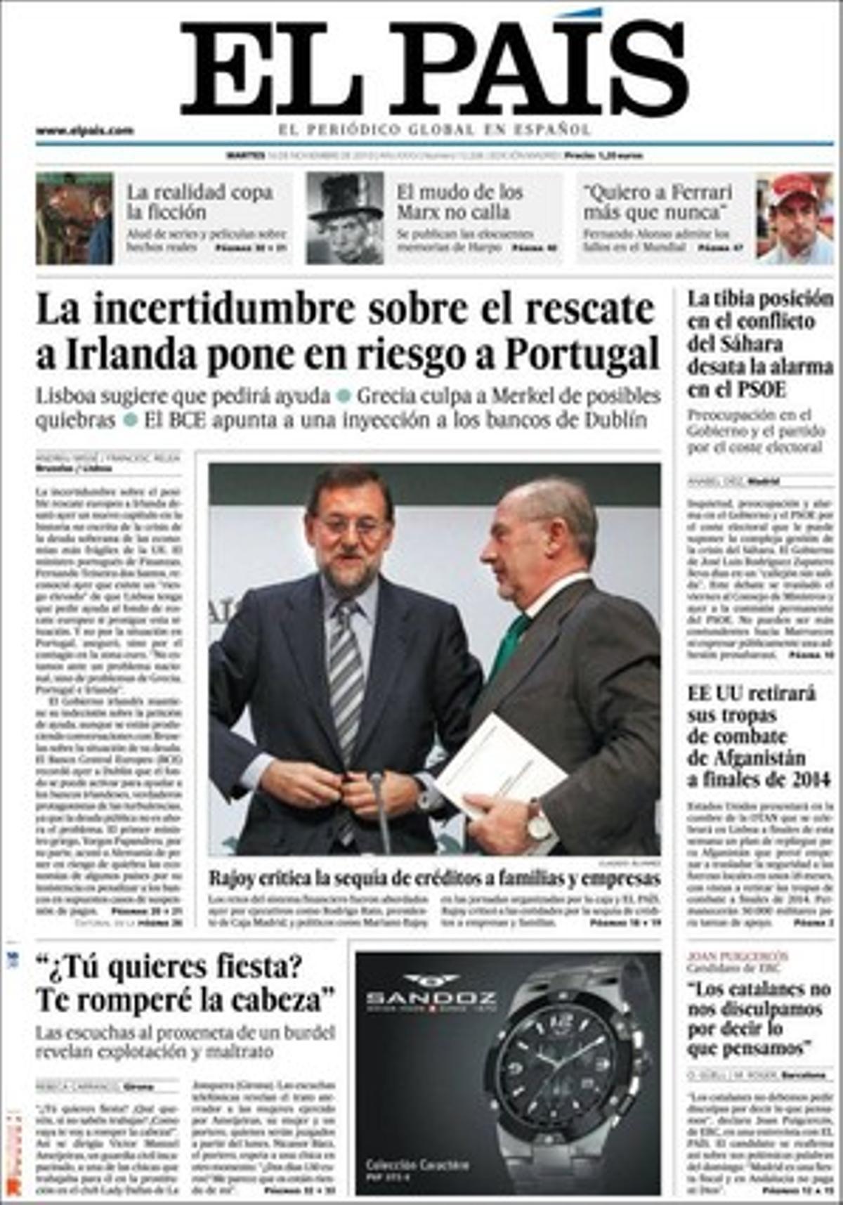 ’El País’ també destaca a dins que el Rei rep els últims de Bòsnia, que la inspecció fiscal estreny el setge als professionals, que les xifres desmenteixen Duran Lleida: només el 28% dels bebès tenen mare estrangera, i que Fernando Alonso declara que avui estima Ferrari més que mai.