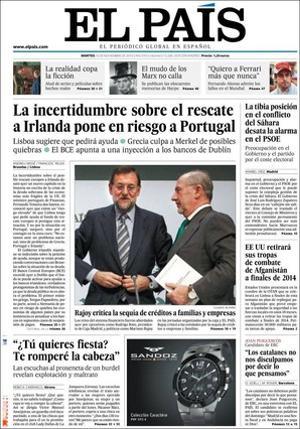 ’El País’ també destaca a dins que el Rei rep els últims de Bòsnia, que la inspecció fiscal estreny el setge als professionals, que les xifres desmenteixen Duran Lleida: només el 28% dels bebès tenen mare estrangera, i que Fernando Alonso declara que avui estima Ferrari més que mai.