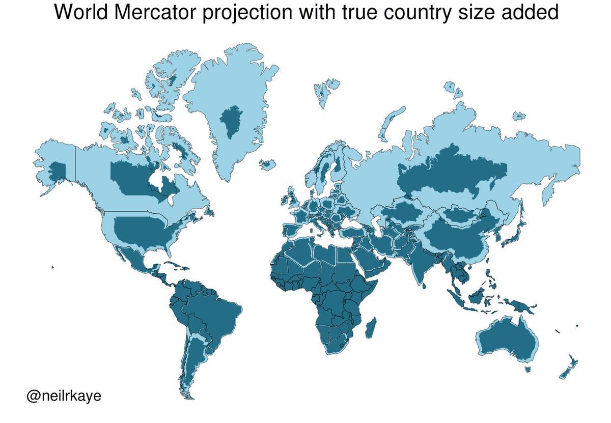 Mapamundi con los países ajustados a su tamaño real.