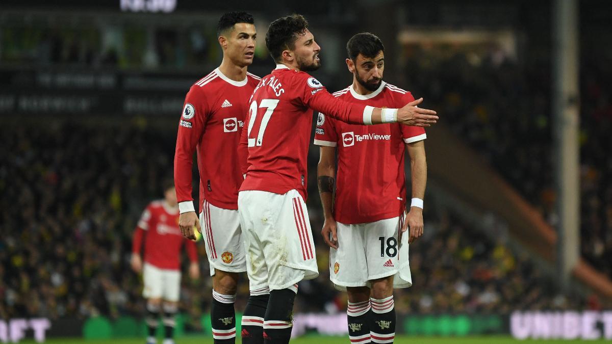 Cristiano Ronaldo, Bruno Fernandes y Alex Telles, del Manchester United