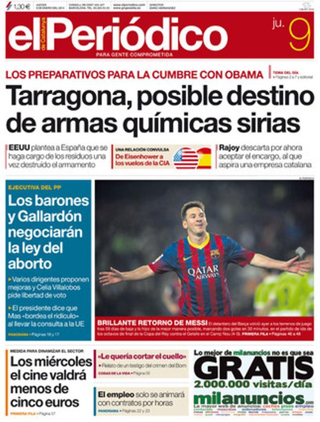 Portada de la edición de EL PERIÓDICO DE CATALUNYA del 9 de enero.