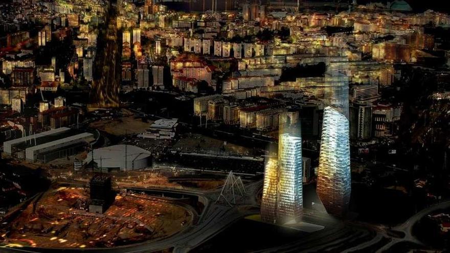 Imagen virtual del proyecto de dos torres de 32 pisos que Caixa Galicia previó construir en el polígono de Someso.