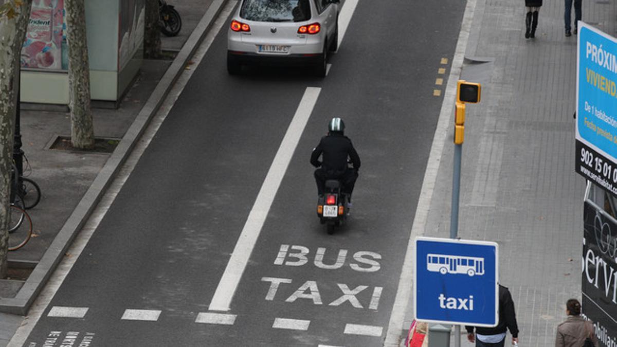 Una moto circula por el carril bus.