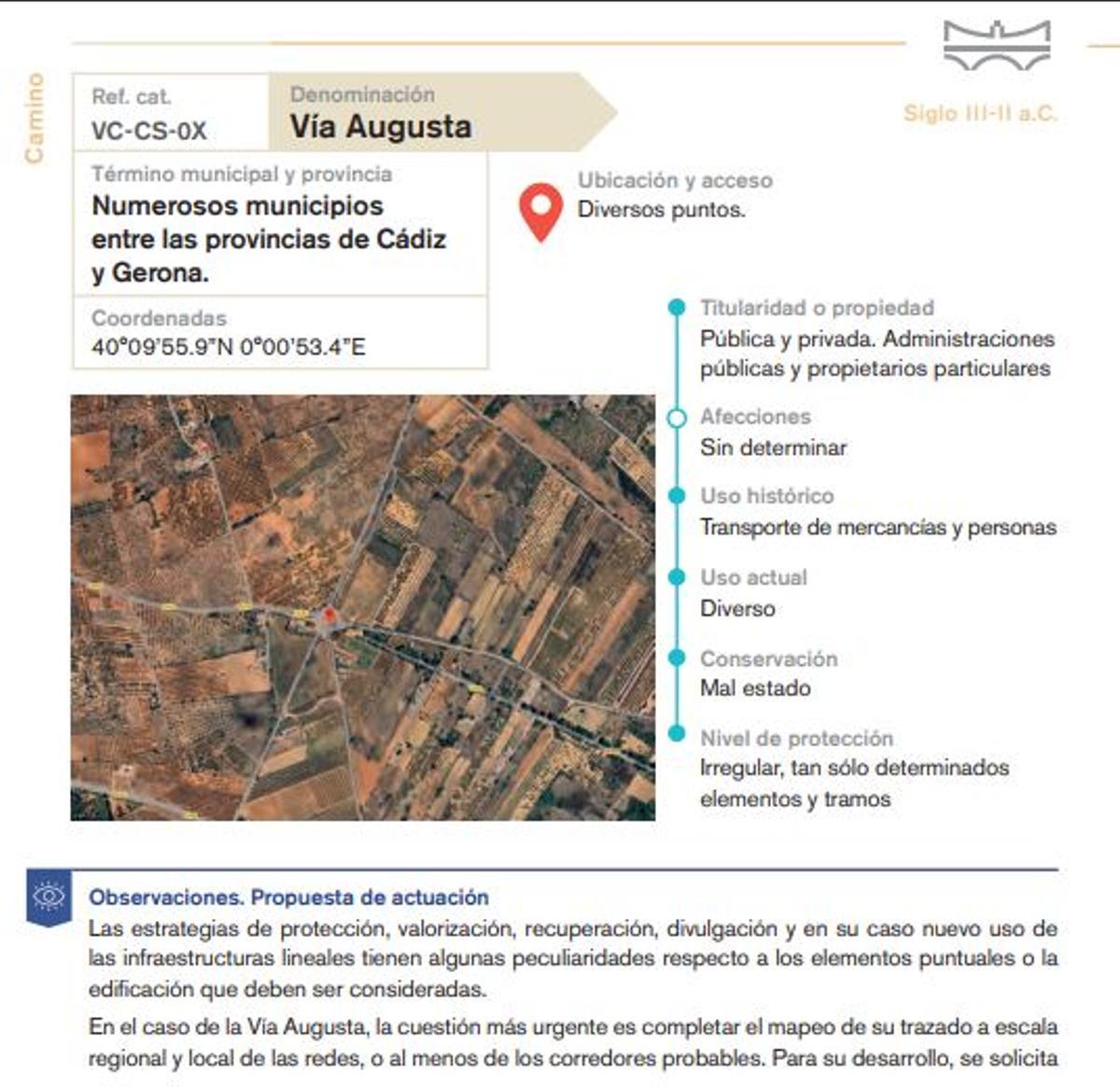 Ficha de la Vía Augusta para la provincia de castelló, incluida en el catálogo del Colegio de Ingenieros.