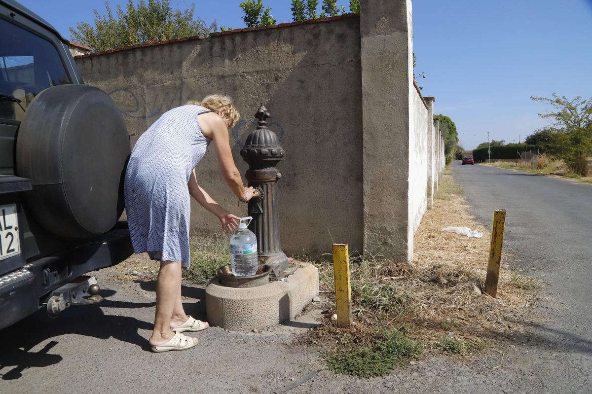 Una mujer rellena una garrafa de agua en la fuente situada en el acceso a la urbanización El Aljarafe.