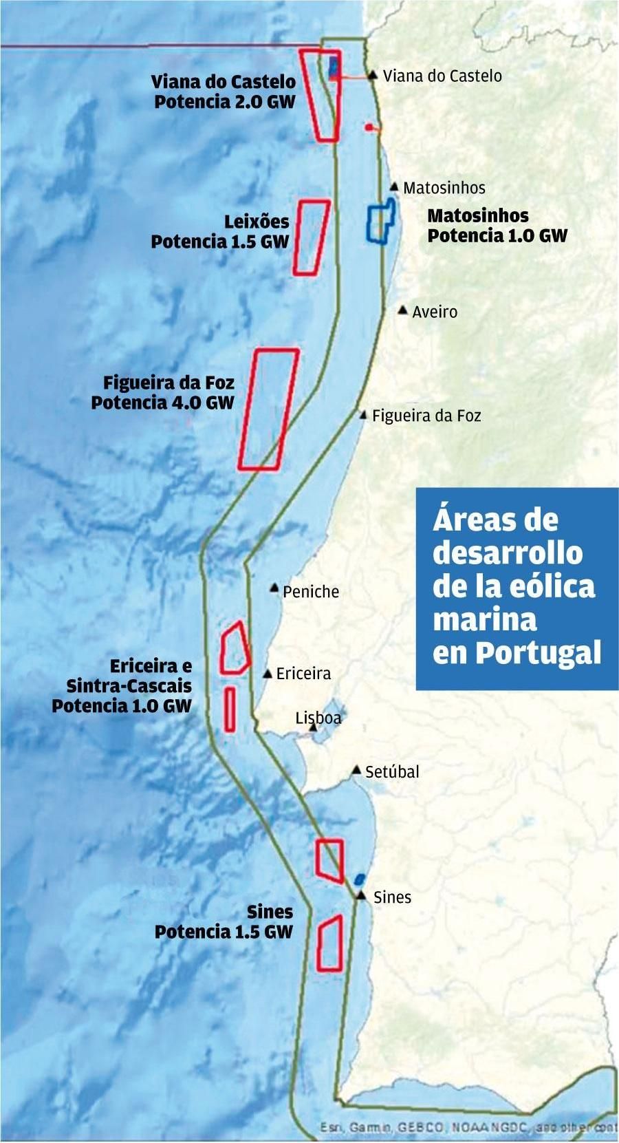 Distribución de los parques eólicos marinos de Portugal.