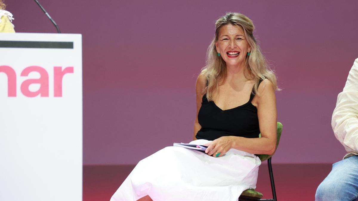 La vicepresidenta y líder de Sumar, Yolanda Díaz, en un mitin en Sevilla.
