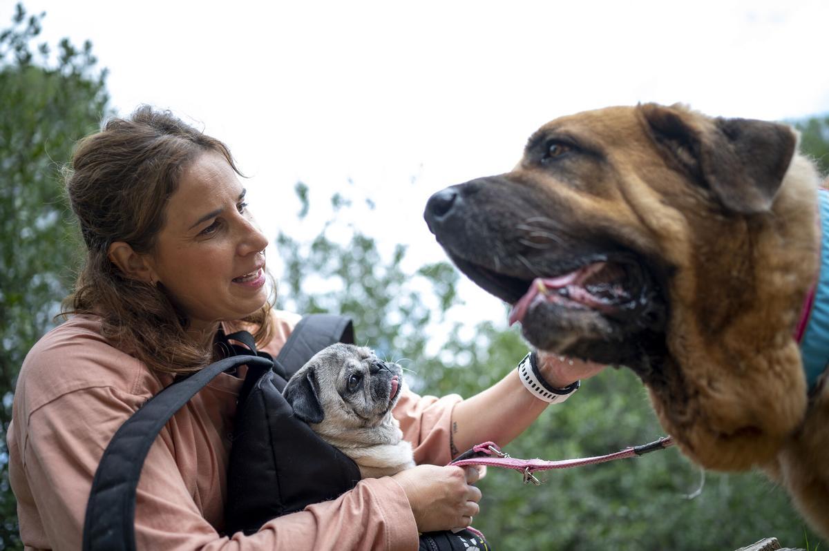 Erika Villaécija, en un descanso del paseo con sus mascotas Koa y Perla por Collserola.