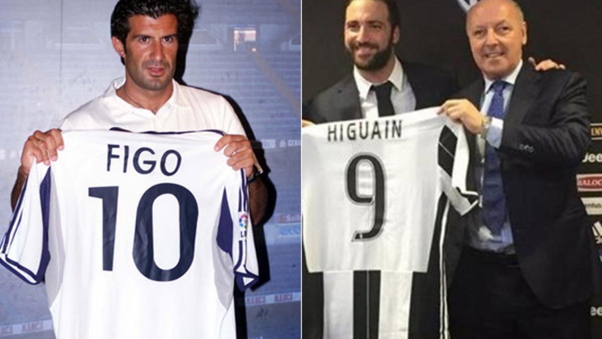 Figo e Higuaín posando en su presentación