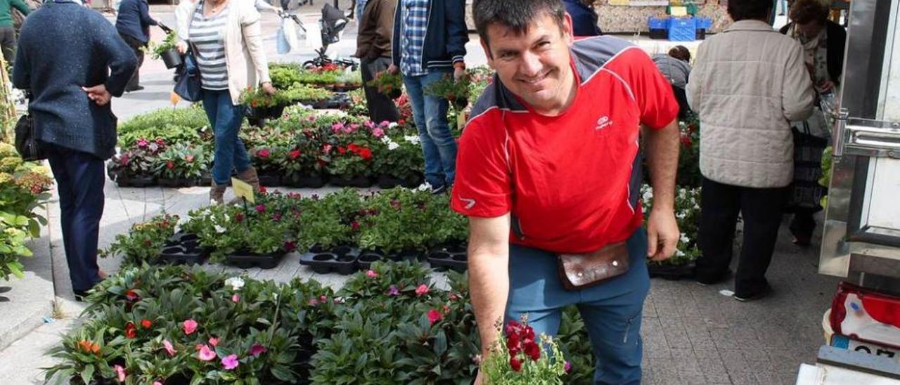 Bruno Noval colocan una planta en su puesto del mercado semanal de la Pola.