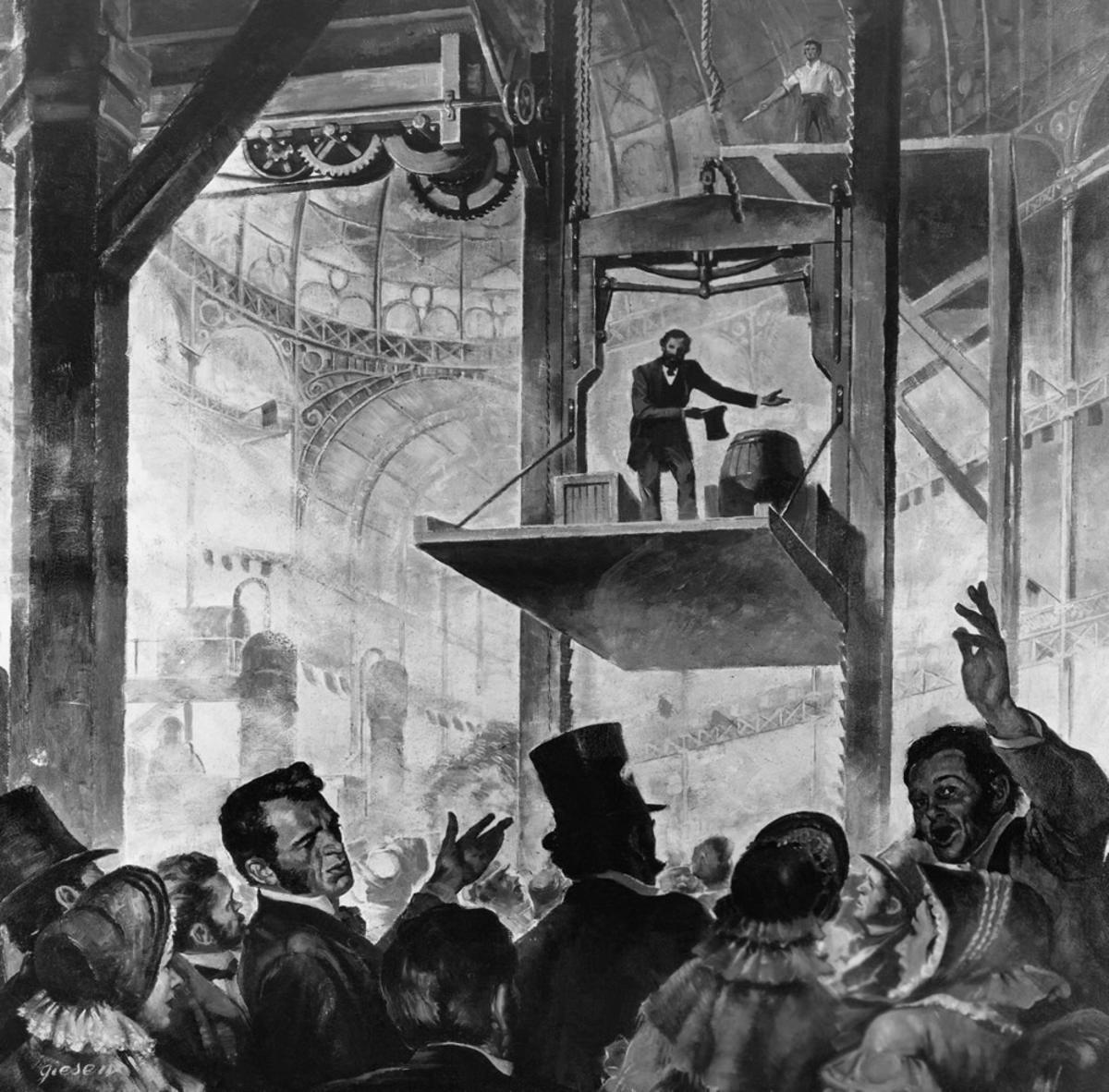Elisha Otis presenta su nuevo sistema de seguridad en Nueva York