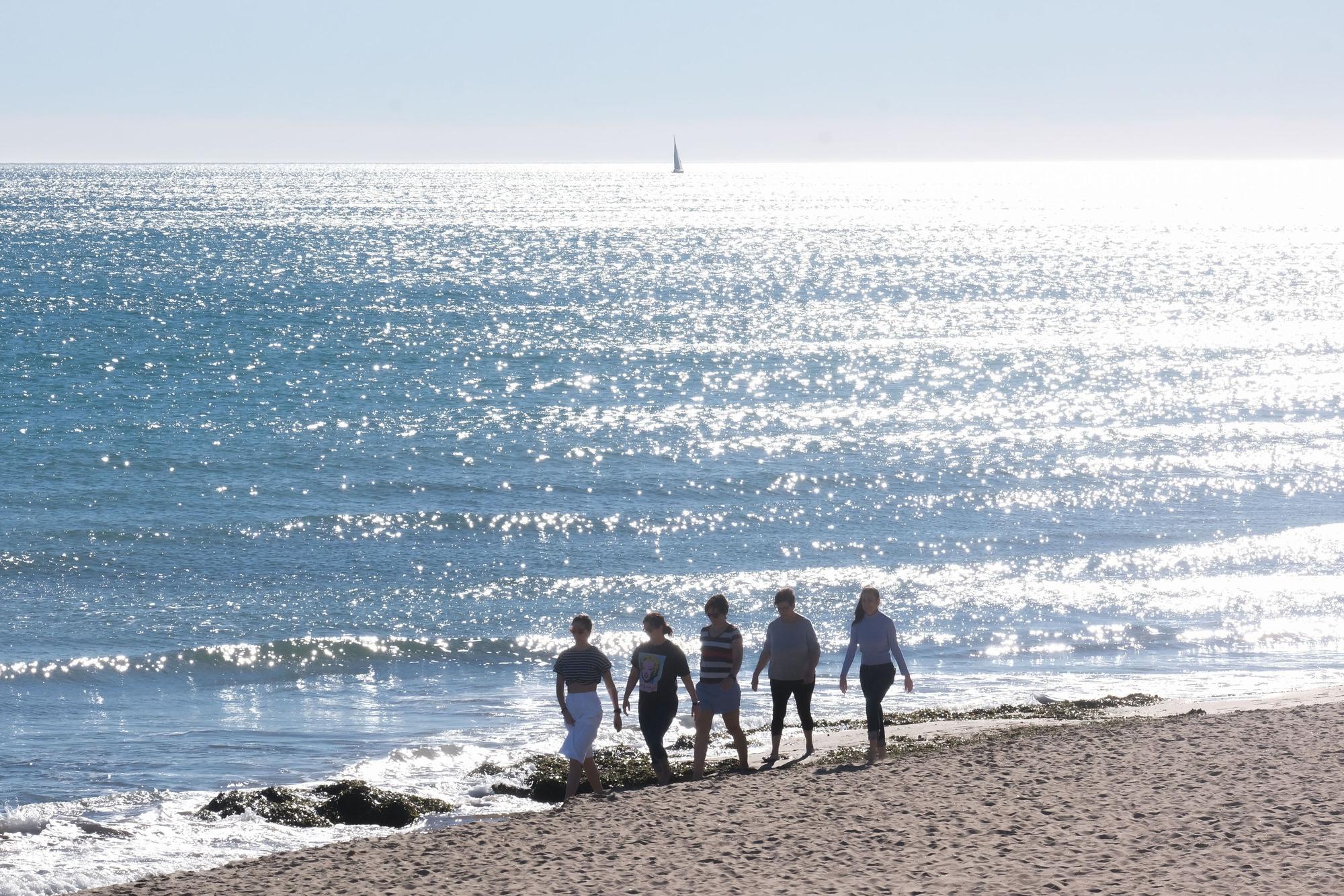 Jornada navideña playera en Elche. Numerosas personas disfrutan de las temperaturas de hasta 25 grados en la playa del Pinet en La Marina