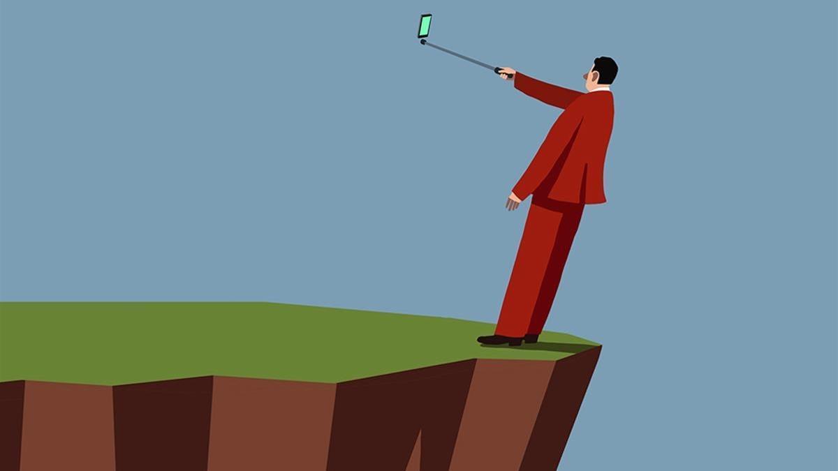 Una ilustración con un hombre haciéndose una selfie al borde de un precipicio.