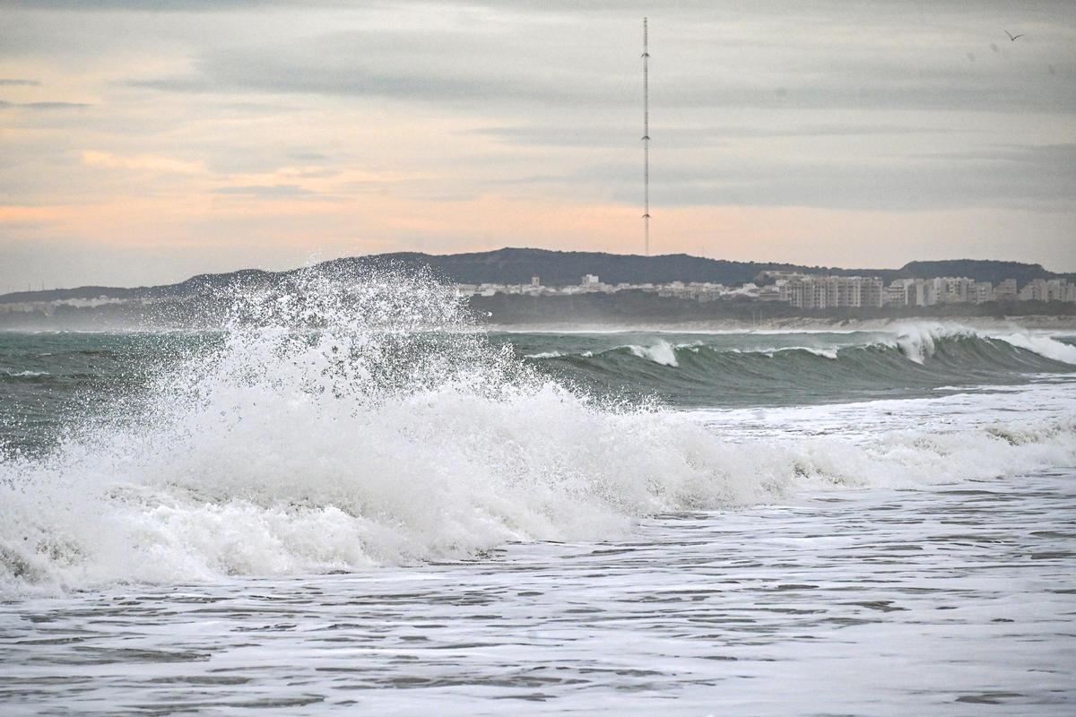 Un mar embravecido por el temporal Harry engulle playas en Elche y amenaza a las casas de primera línea de El PInet