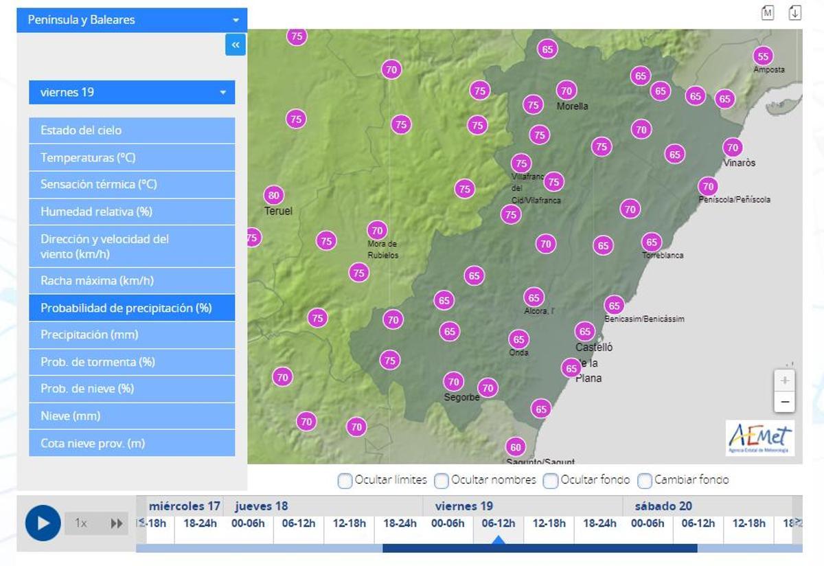 Probabilidad de lluvia entre las 6.00 y las 12.00 horas del viernes 19 en Castellón.