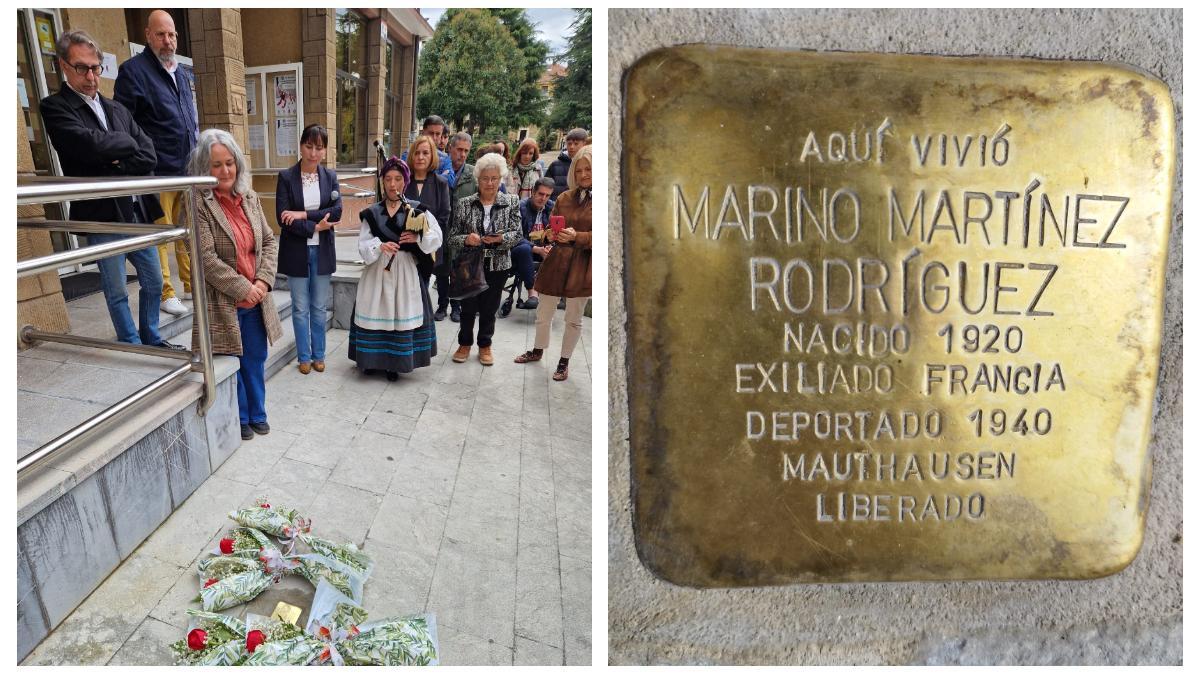 Un momento del acto celebrado en Llanera. A la derecha, detalle de la "piedra de la memoria" instalada a la entrada de la Casa Consistorial.