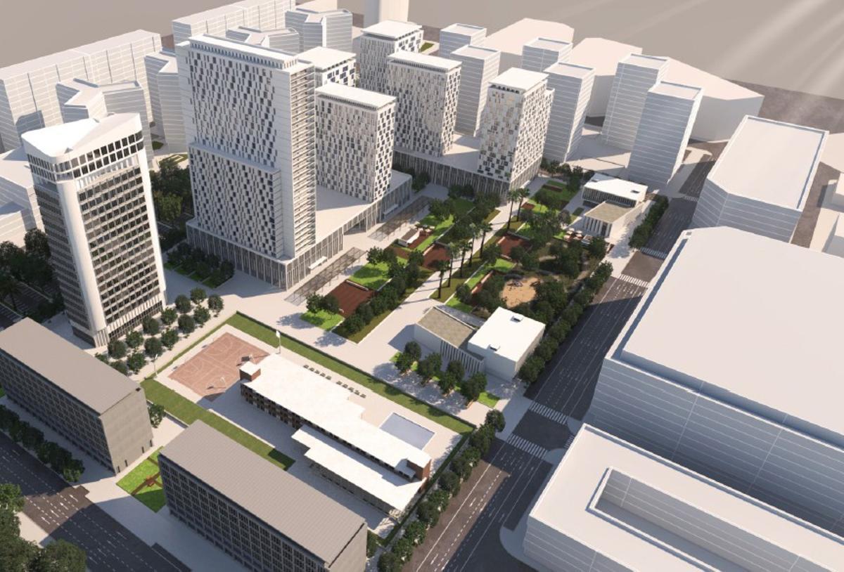 Vista de las torres de Mestalla, con la avenida de Suecia en la parte derecha.