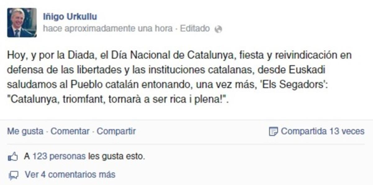 Missatge del ’lehendakari’ Iñigo Urkullu a seu compte de Facebook. Missatge del ’lehendakari’ Iñigo Urkullu a seu compte de Facebook.