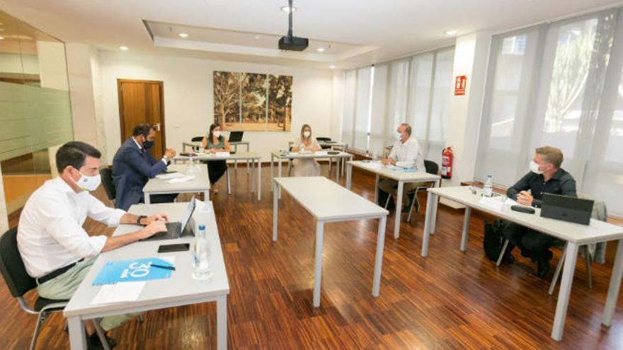 Un instante, ayer, de la reunión de Yaiza Castilla (izquierda) con los representantes de los cabildos insulares.