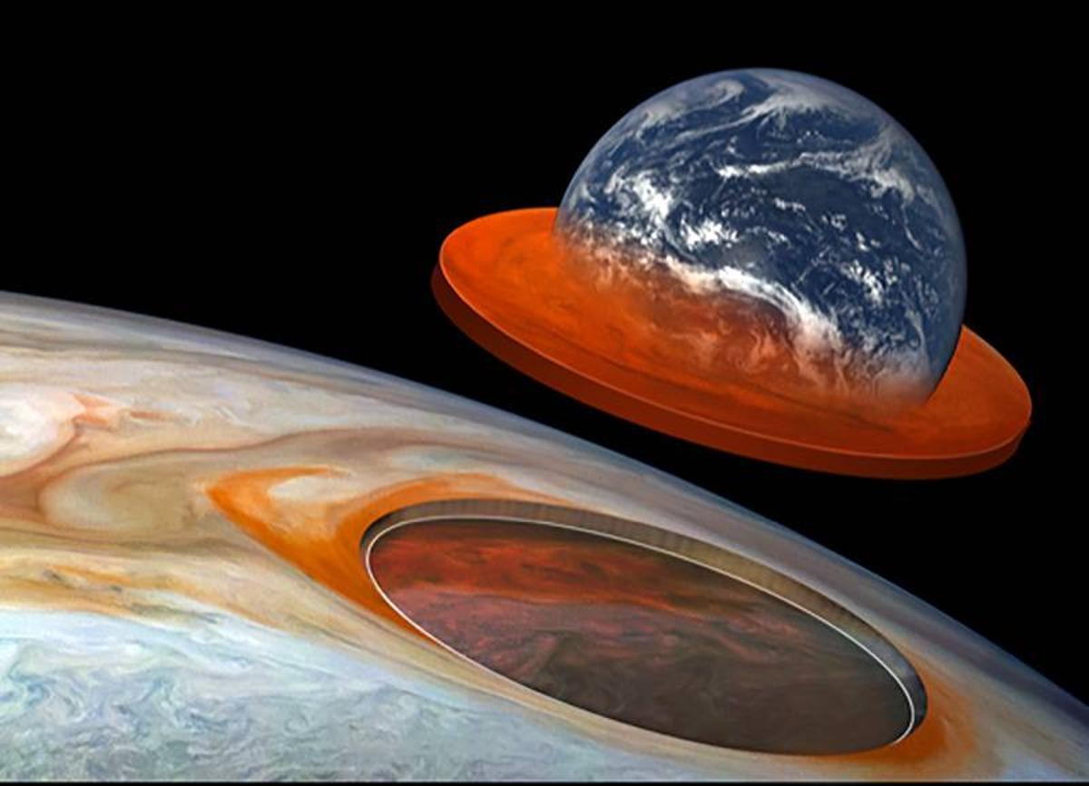 Ilustración que representa el tamaño y la profundidad de la Gran Mancha Roja de Júpiter.