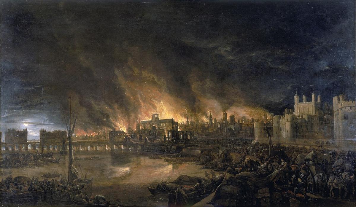 Detalle de una pintura de 1966 del Gran Incendio de Londres de un artista desconocido
