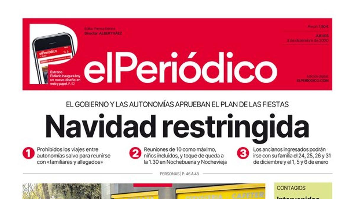 La portada de EL PERIÓDICO del 3 de diciembre del 2020.